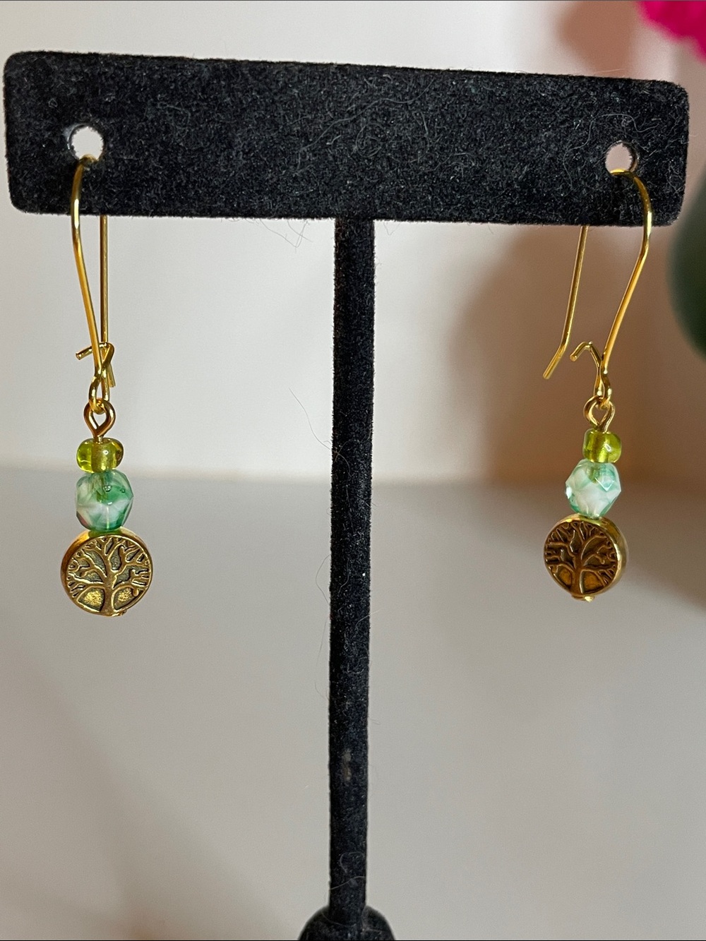 Gold Tree of Life Dangle Earrings with Green Beads - Women Jewelry